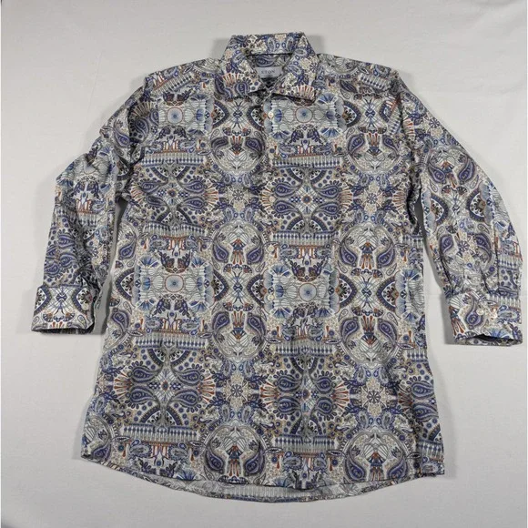 Eton Contemporary Fit Paisley Mosaic Dress Shirt Blue Orange 16.5 42 862414FO - Picture 2 of 9